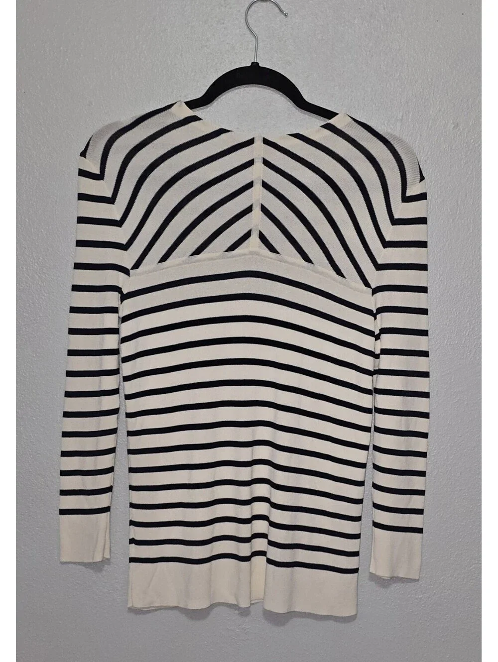 Tory Burch Sweater Small S Cream Navy Blue Striped Ribbed Knit Chevron Back Logo